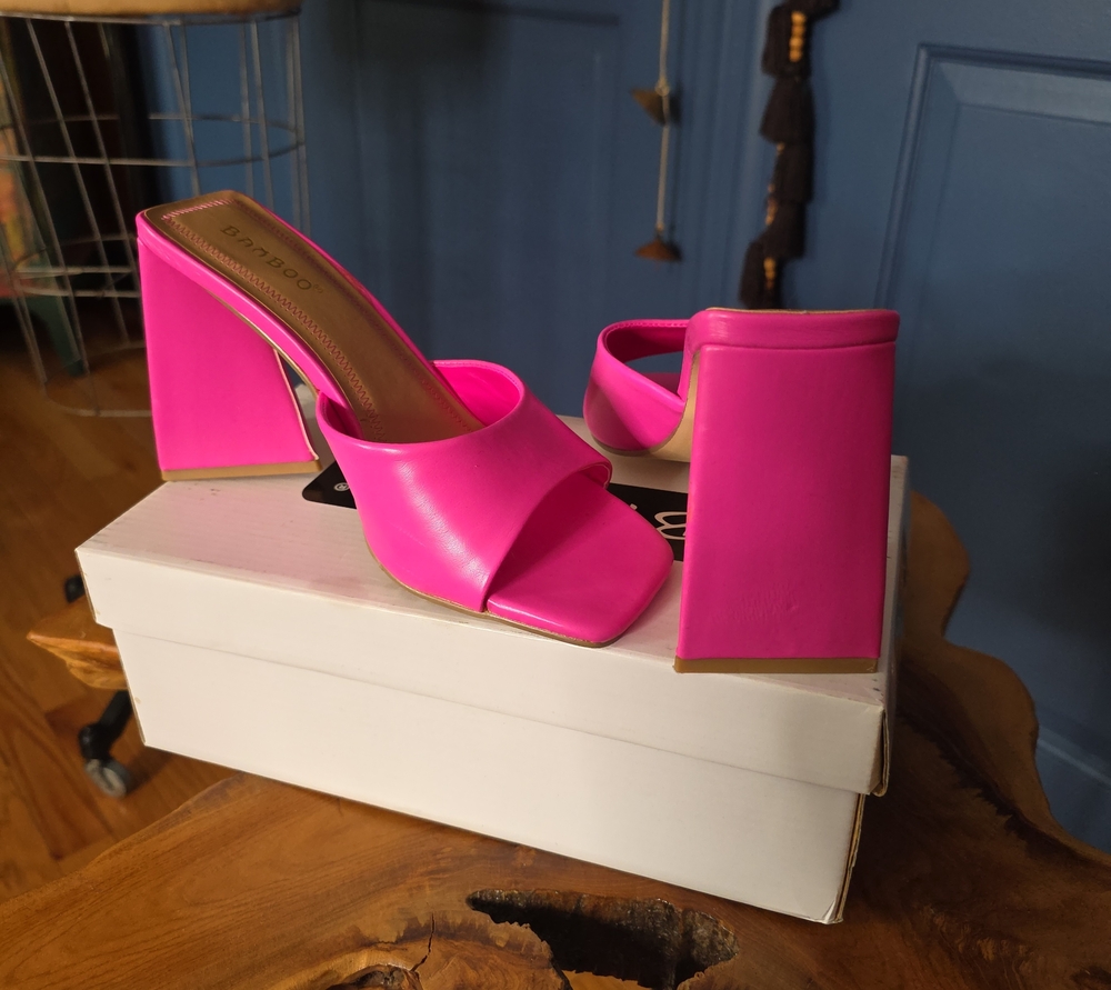 BAMBOO Hot Pink Open-Toe Slip-On Heeled Mules